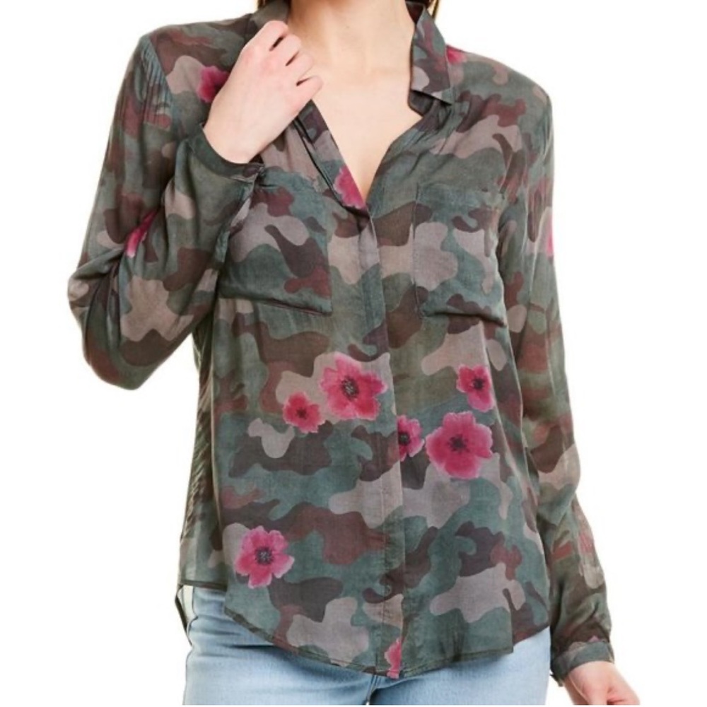 cloth & stone Green Camo Button-Down Shirt with Pink Floral Accents